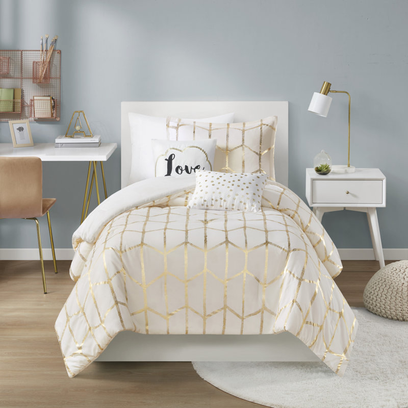 Ensemble de housse de couette à imprimé métallique Raina, Simple / Simple TG, Ivoire/doré