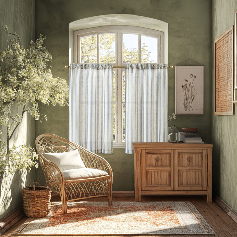 Kitchen Curtains Striped Tier Cafe Curtains Farmhouse Small Curtains, 26" W x 45" L, Blue on Beige