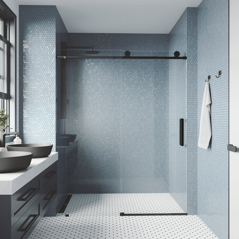 Porte de douche coulissante sans cadre avec verre transparent 3/8 po l 68-72 po x H 76 po Elan, Noir mat