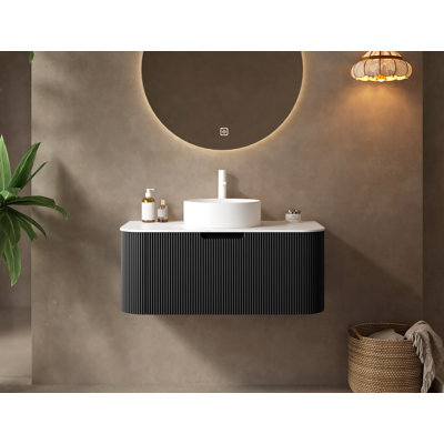 Meuble-lavabo de salle de bain avec lavabo rond en céramique, armoire de rangement murale avec tiroir
