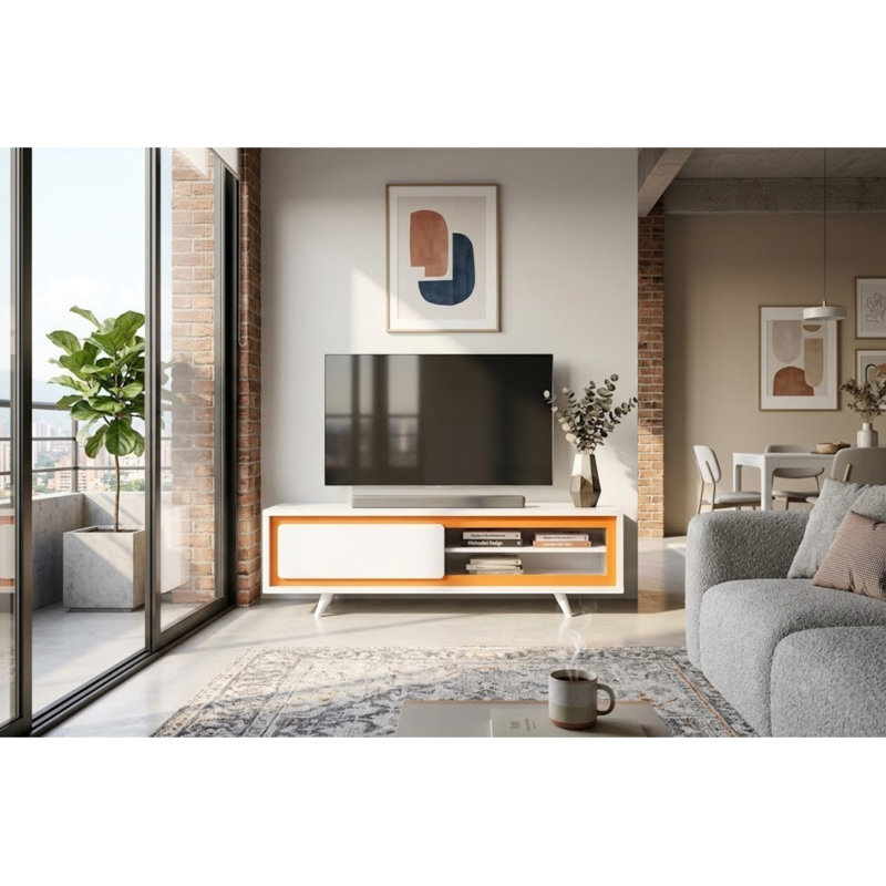 59" Modern TV Stand with Drawer, Open Shelves & Cable Management – Available in White/Orange, White/Green & White/Black