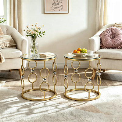 Glass End Table Set of 2, Round Side Table with Metal Frame for Living Room, Balcony, Bedroom