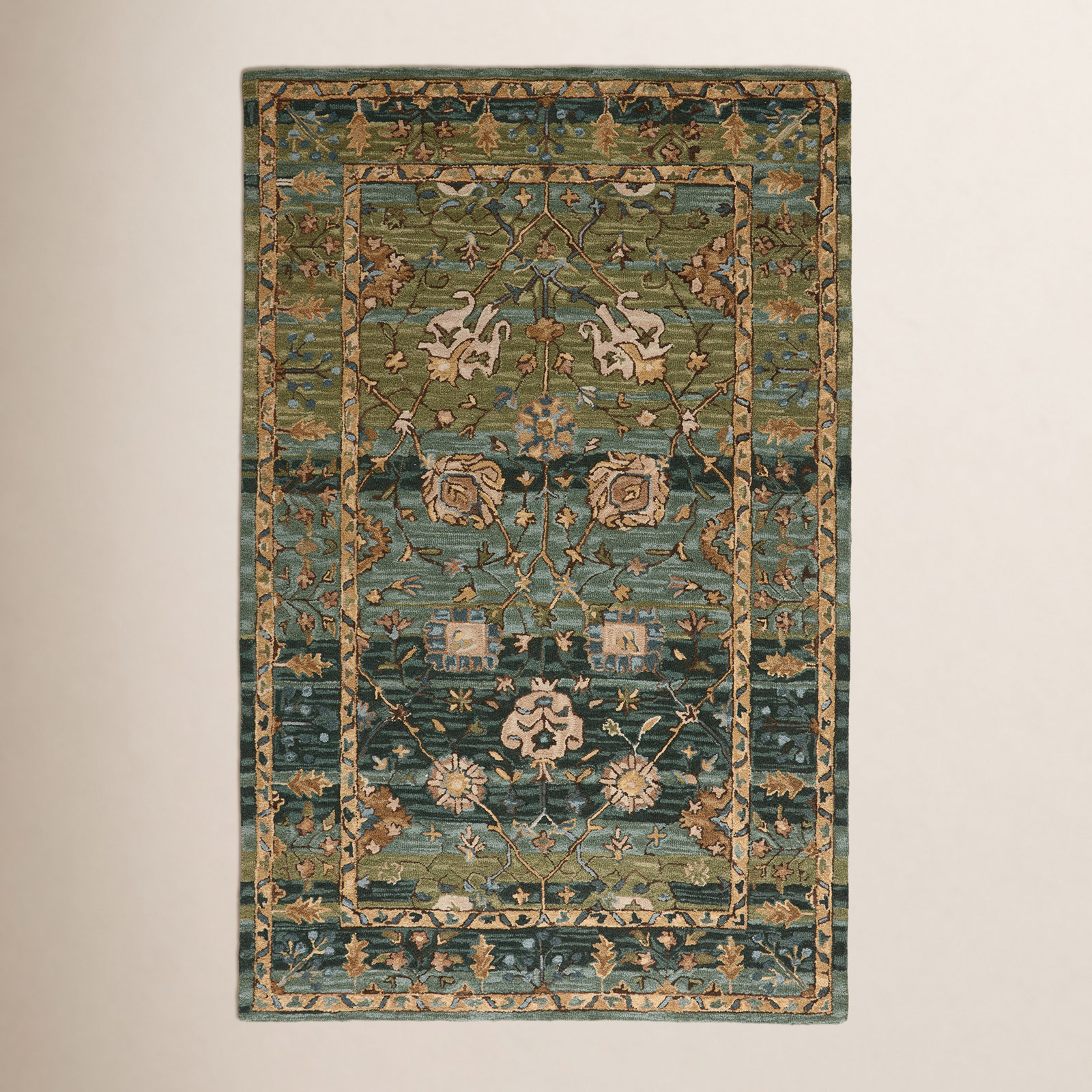 Corla Green Tan Blue Hand-Tufted Wool Floral Rug, Rectangle 5' x 8'