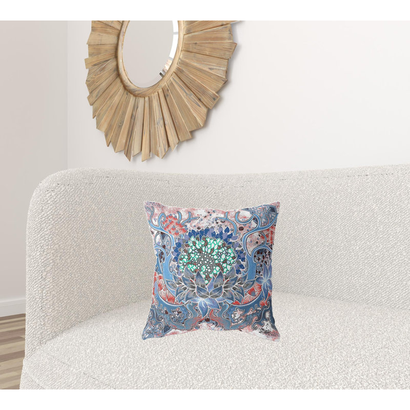 Zippered Suede Geometric Throw Pillow, Blue/White/Green Floral, 16"H x 16"W