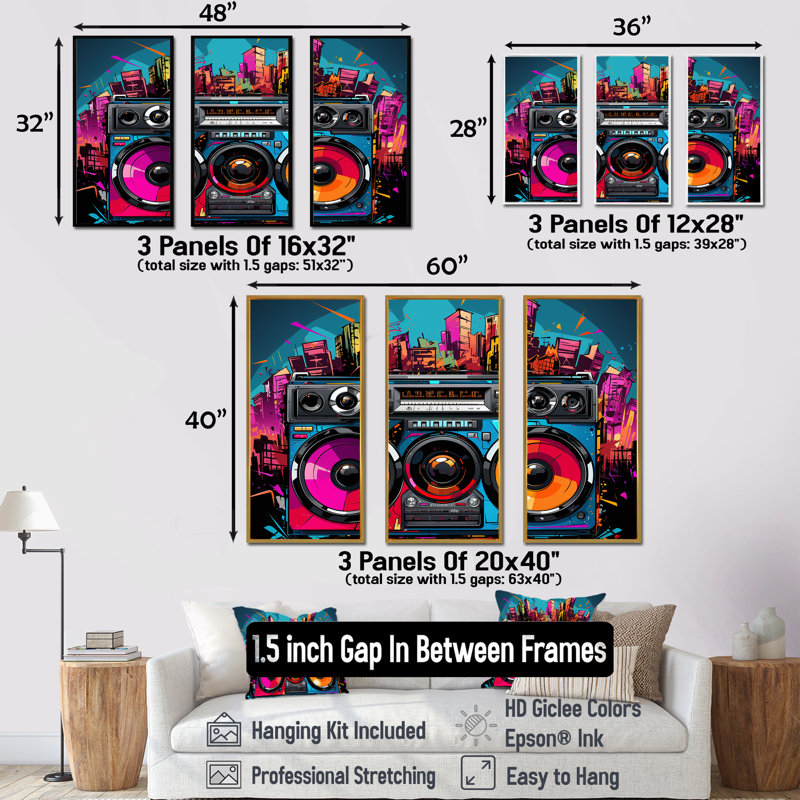 Pop Art Vibrant Boom Box Music - Platines et boîtes murales, Cadre flottant noir, H 40 po x l 61 po