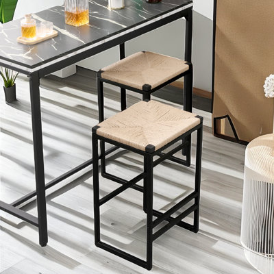 Set Of 2 Backless Bar Stools With Woven Paper Rope Seat