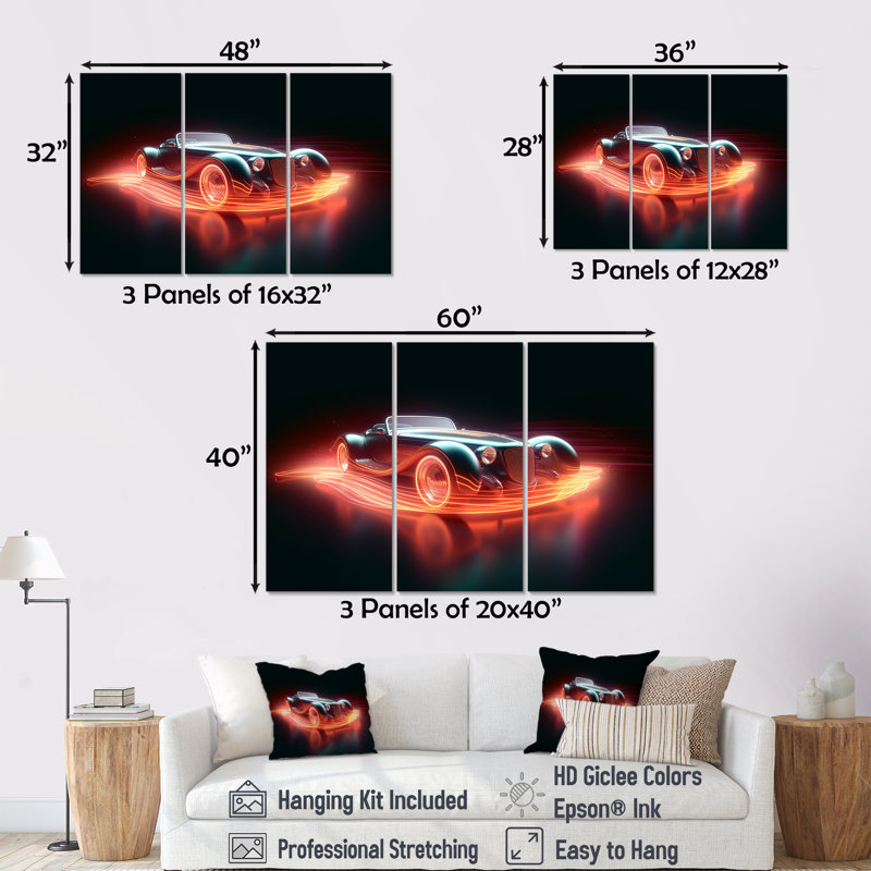 «Neon Light Strips Roadster - Classic Cars», ensemble de reproduction d'art mural, H 40 po x l 60 po x P 1 po