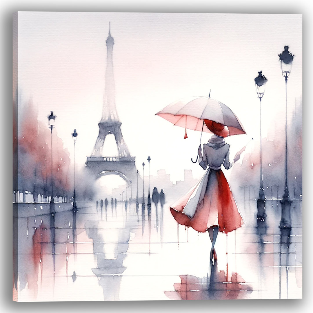 " Elegant Parisian Rainy Day Eiffel Tower And Woman With Umbrella " House of Hampton®