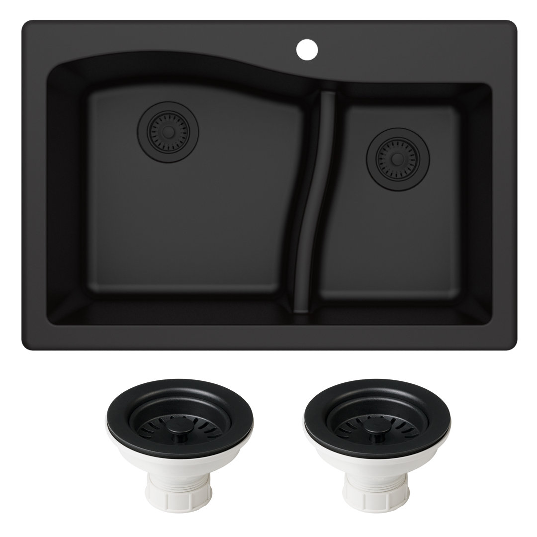 KRAUS Quarza™ 33" L Dual Mount 60/40 Double Bowl Granite Kitchen Sink and Strainers Kraus 