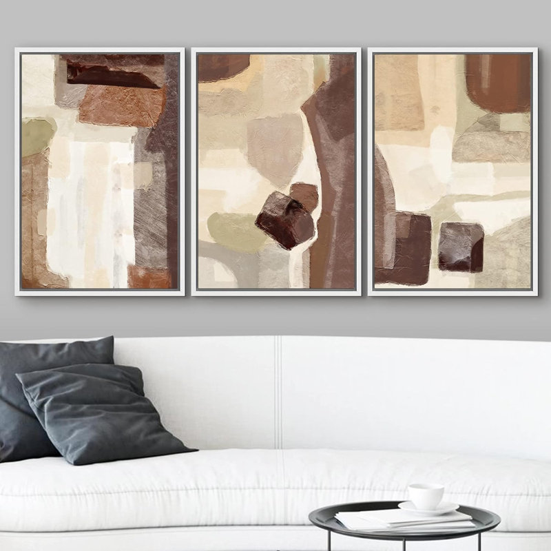 Grunge Abstract Paint Stroke Effect " Brown, Tan And Yellow Polygon Collage Abstract Patterns Modern Art Boho " 3 - Pieces