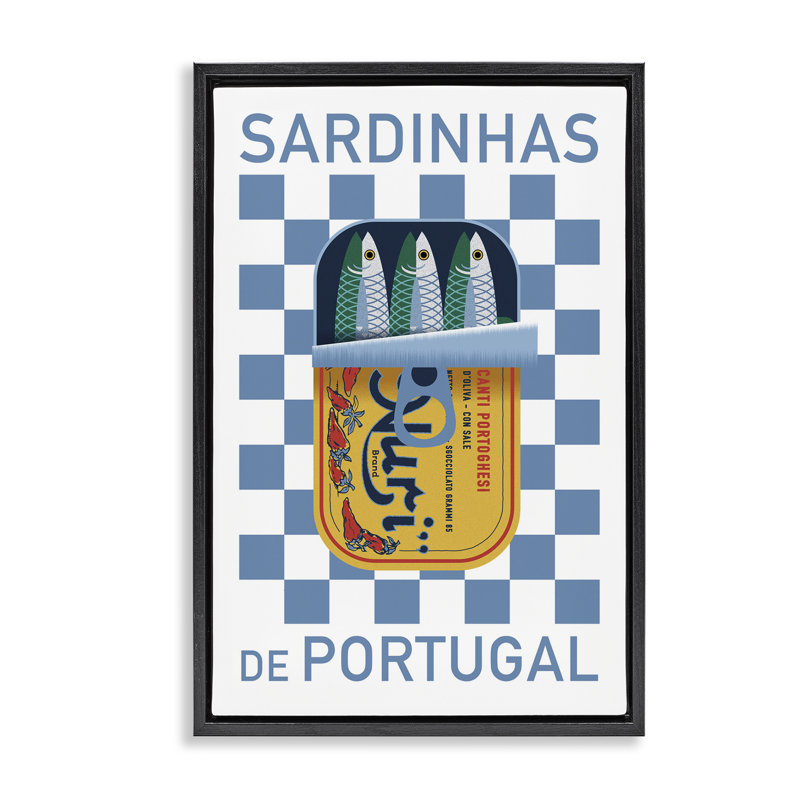 Toile flottante encadrée avec des sardines portugaises par Victoria Barnes, Cadre flottant noir de jais, H 25 po x l 17 po