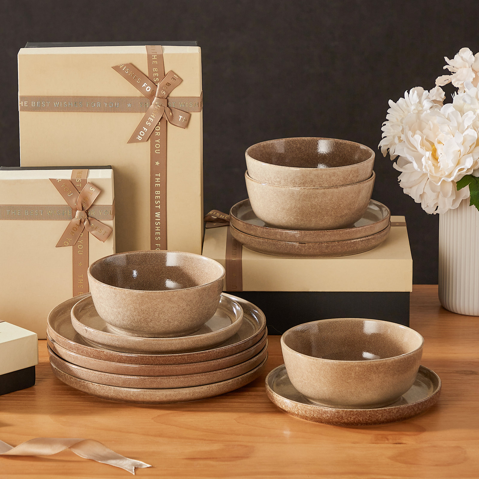 Mcfall 12 Piece Porcelain Dinnerware Set, Service For 4, Brown