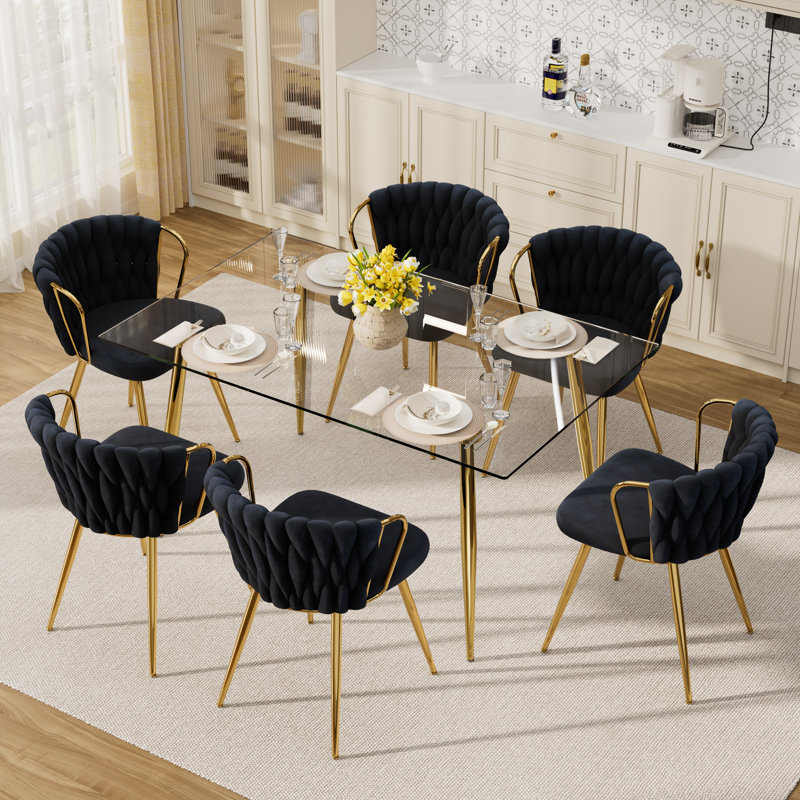 Ensemble repas en verre, Noir, 30" H x 51" L x 31.5" W, 7 Pieces: Table, 6 Chairs