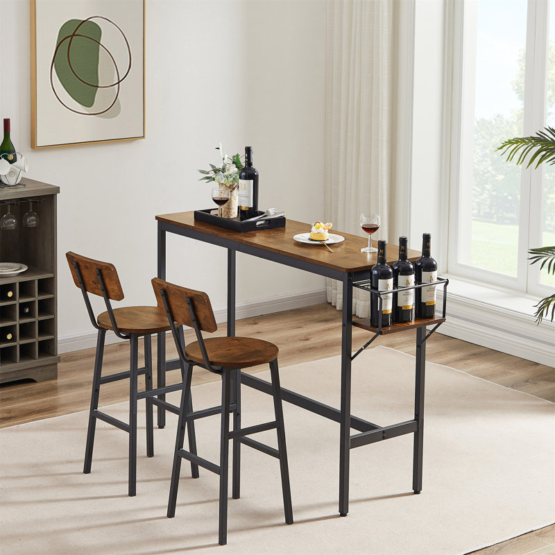 Bar Table Set With Wine Bottle Storage Rack. Rustic Brown
