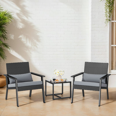 Penland 2-Person Patio Furniture Set, 3-Piece Wicker Lounge Set with Cushions and Coffee Table by George Oliver
