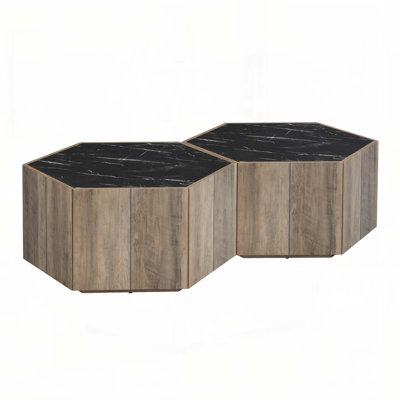 Hexagonal Rustic Retro Wood Coffee Table, with 2 Hidden Drawers
