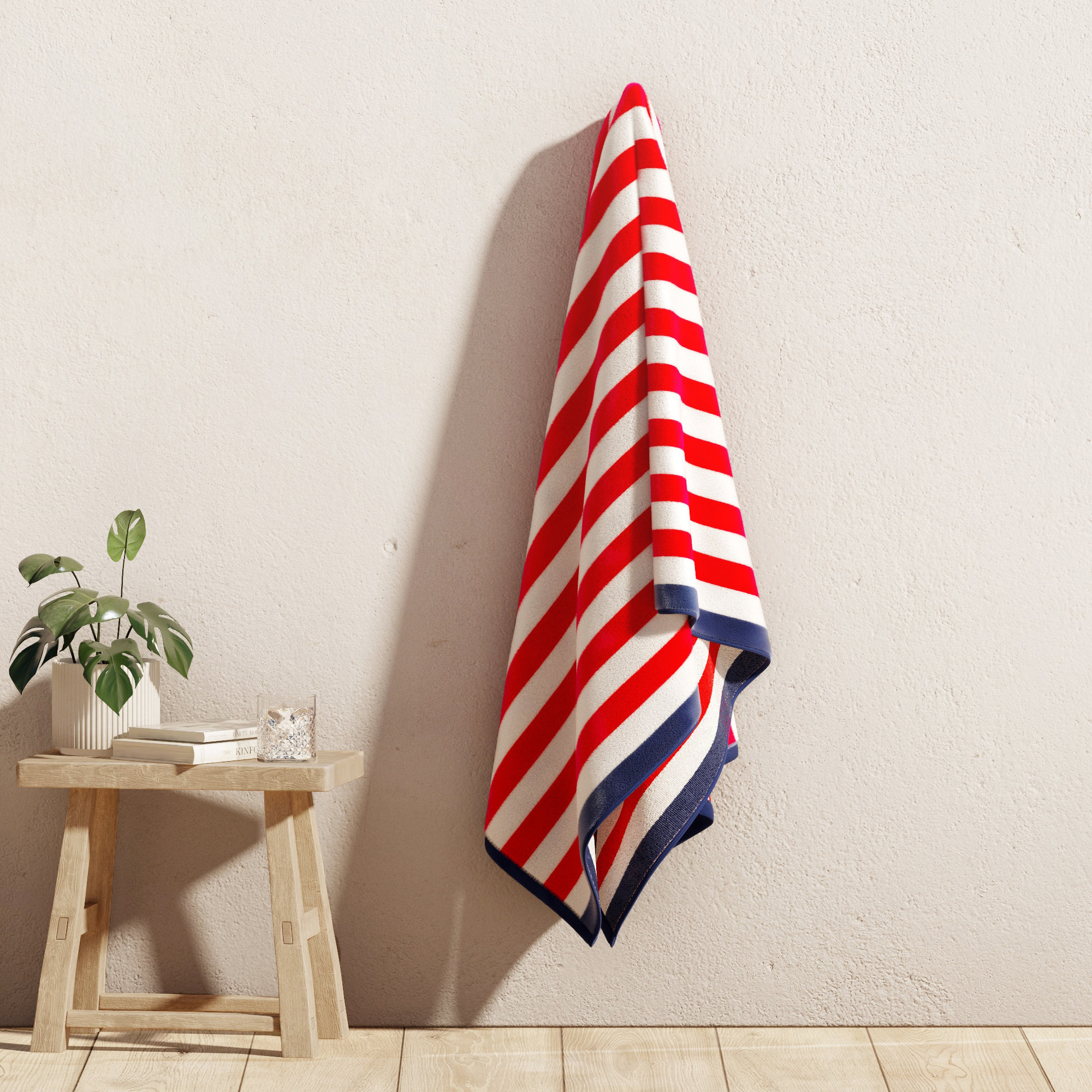 100% Cotton Elevated Stripe Border Oversized Beach Towels, 1, Red/Navy