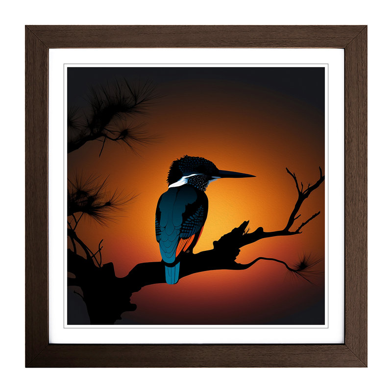 Kingfisher Silhouette - Single Picture Frame Print on Wood, Walnut