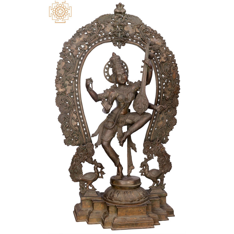 35" Large Dancing Saraswati Panchaloha Bronze Idol - Handcrafted Indian Goddess of Knowledge Statue | Madhuchista Vidhana (Lost-Wax)