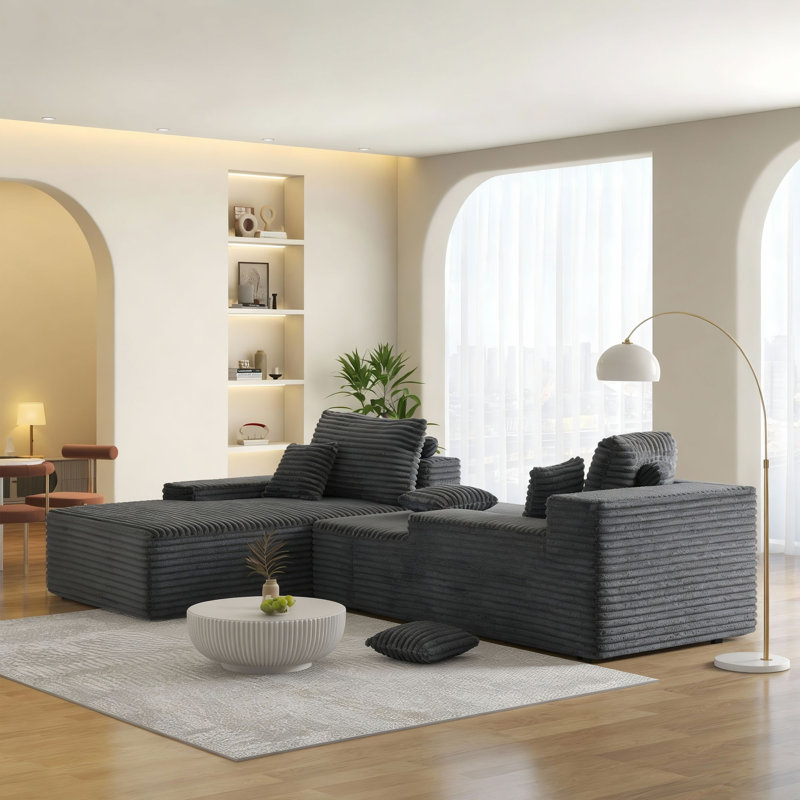 Upholstered Faux Rabbit Fur Flannel Modular Oversized Sleeper Sofa with Pillows No Assembly Required, Grey