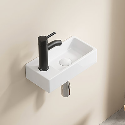 Lavabo mural à petite vasque rectangulaire en céramique avec lavabo à gauche, sans robinet ni bonde