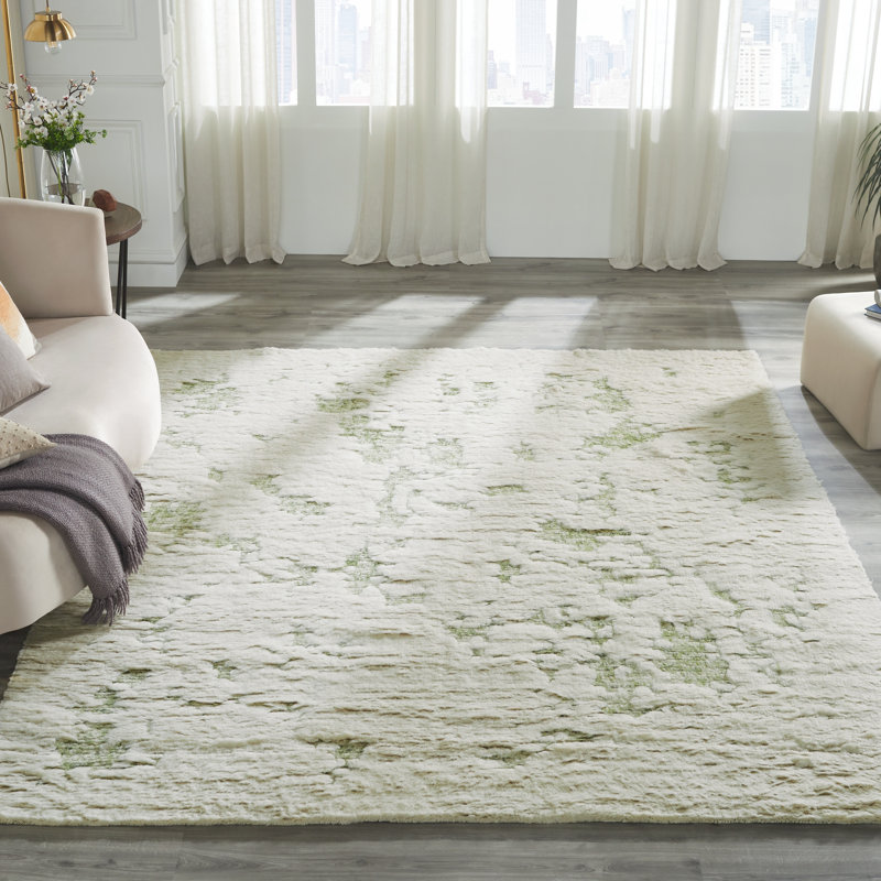 Tapis blanc / crème / vert à poils longs en laine Cloudscape, Rectangle 9 pi x 12 pi