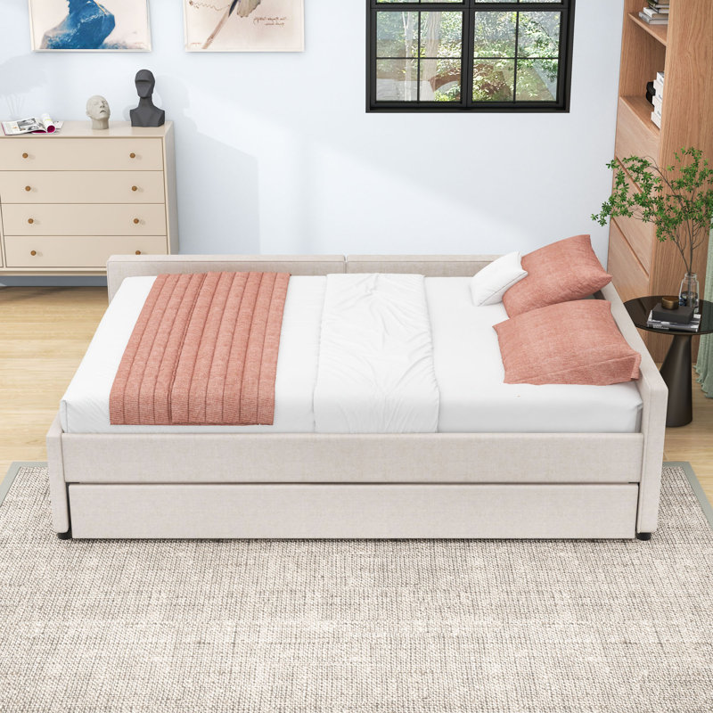 Upholstered Platform Bed with Twin Trundle and USB Ports, Full/Double