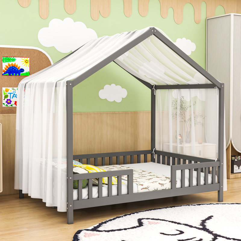 Lit de maison en bois avec auvent et barrières de sécurité, Double, Gris
