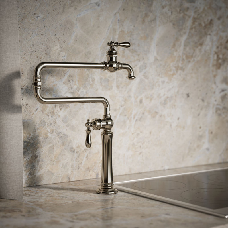 Artifacts Single-Hole Deck-Mount Pot Filler with Extended Spout, Vibrant Polished Nickel