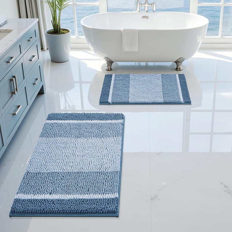 Ensemble de tapis de salle de bain bleus, 2 tapis de bain en chenille épais et moelleux à rayures, tapis de bain antidérapants et moelleux