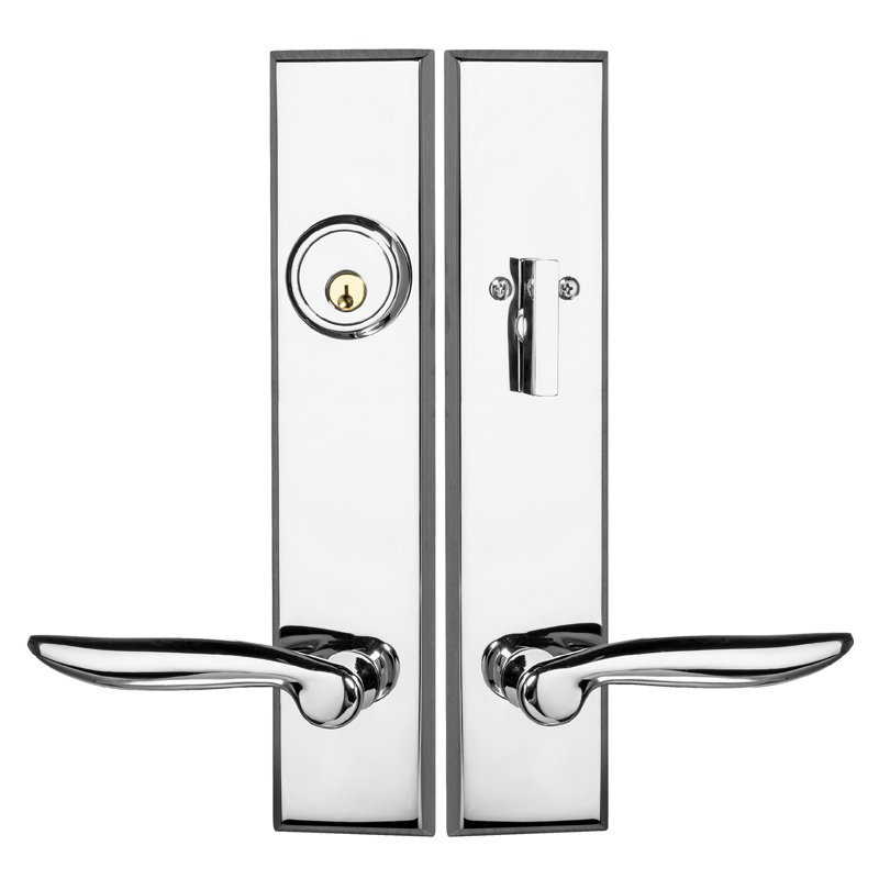 Serrure de porte d’entrée en laiton massif avec levier DAHLI à finition en chrome poli Rockwell Verano