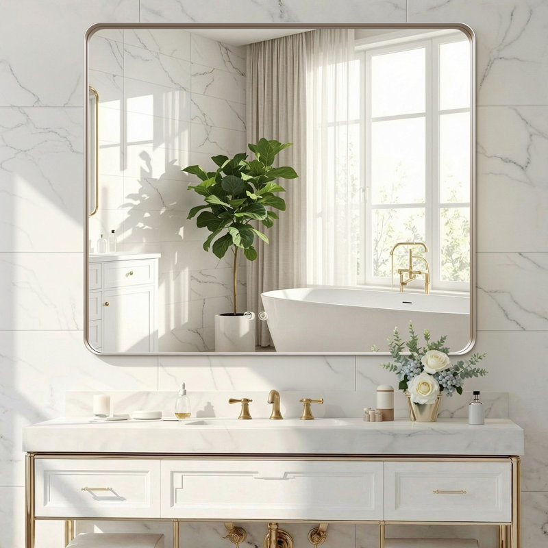 Aevar Wall Mounted Bathroom and Vanity Mirror With Tempered Glass and Aluminum Frame, Silver, 35" H x 30" W
