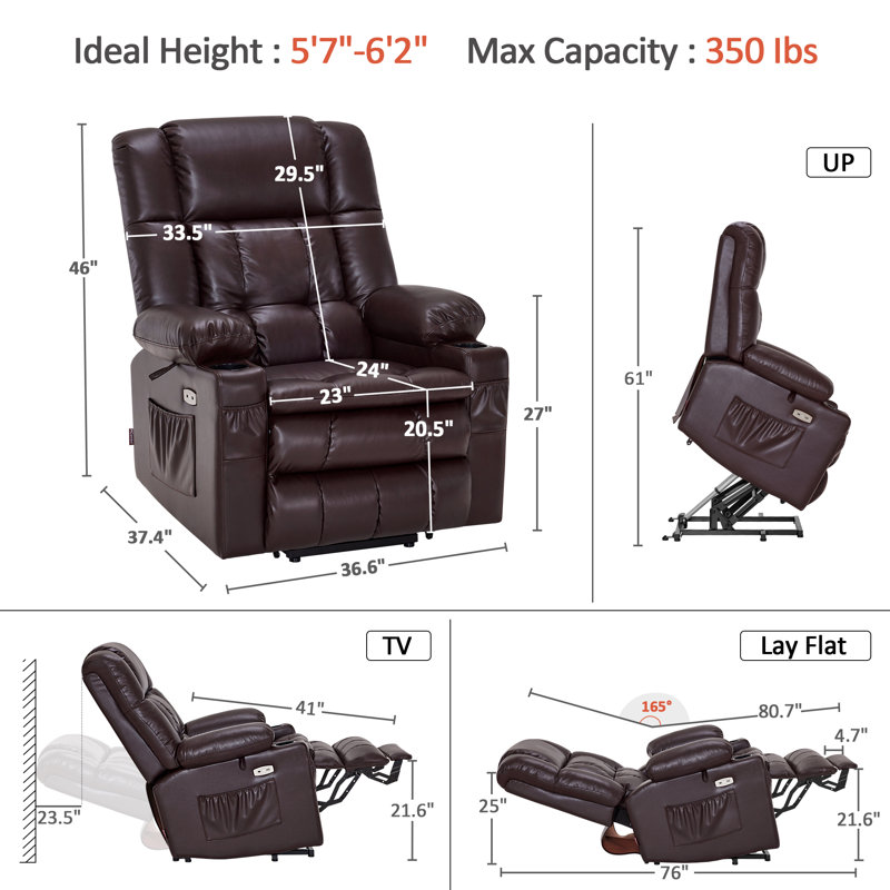 Large Dual Motor Power Lift Recliner Infinite Position with Massage and Heat for Tall People, Brown