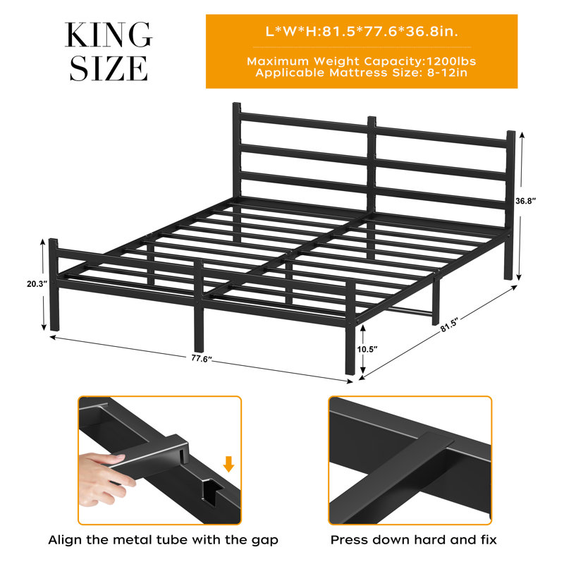 Structure de lit très grand avec tête de lit, structure de lit plateforme en métal, structure de lit robuste avec capacité de charge élevée, convient aux matelas de l 81 po x 77 po, facile à assembler et à conception silencieuse