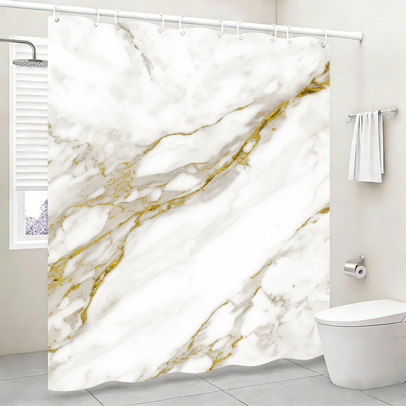 Rideau de bain à motif de marbre 72 x 72 pouces (180 x 180 cm), blanc avec crochets, White/Gold Abstract