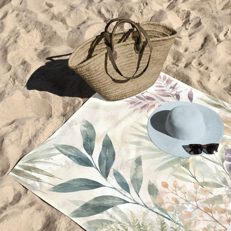1Pcs Botanical Print Beach Towel, featuring watercolor tropical leaves in muted tones, perfect for trips, travel, and yoga.