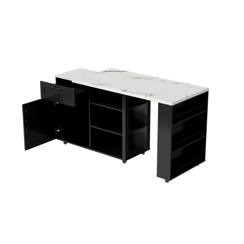 Établi mobile en marbre noir et blanc de 61 po avec plateau pivotant et tablettes réglables, Marbre noir et blanc