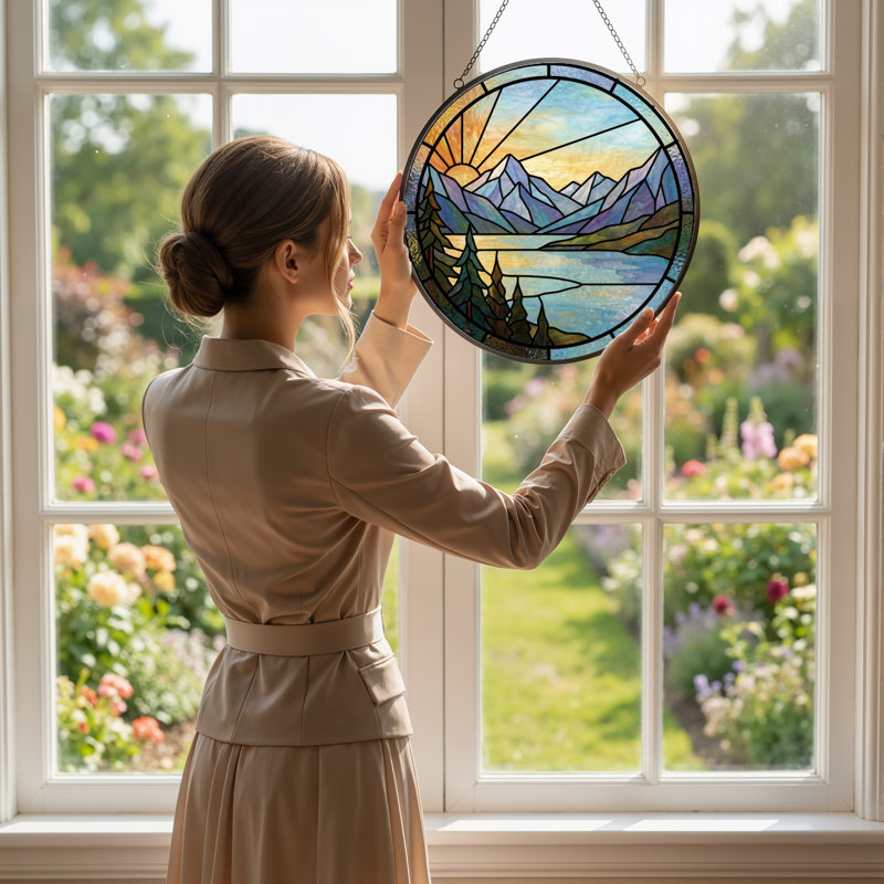 12"H Mountain Lake Stained Glass Window Panel, 12" H x 12" W