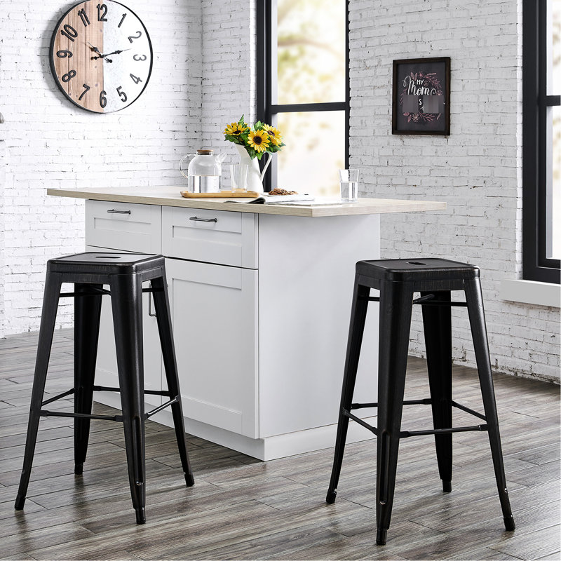 Modern Contemporary Backless Metal Bar Stools Of 2, 30" Standard Seat, Distressed Black Color, Weight For Easy Handling, Stackable Design, 17" Dimensions, Abs Filler Art  2 Pieces , Seat Height, Main