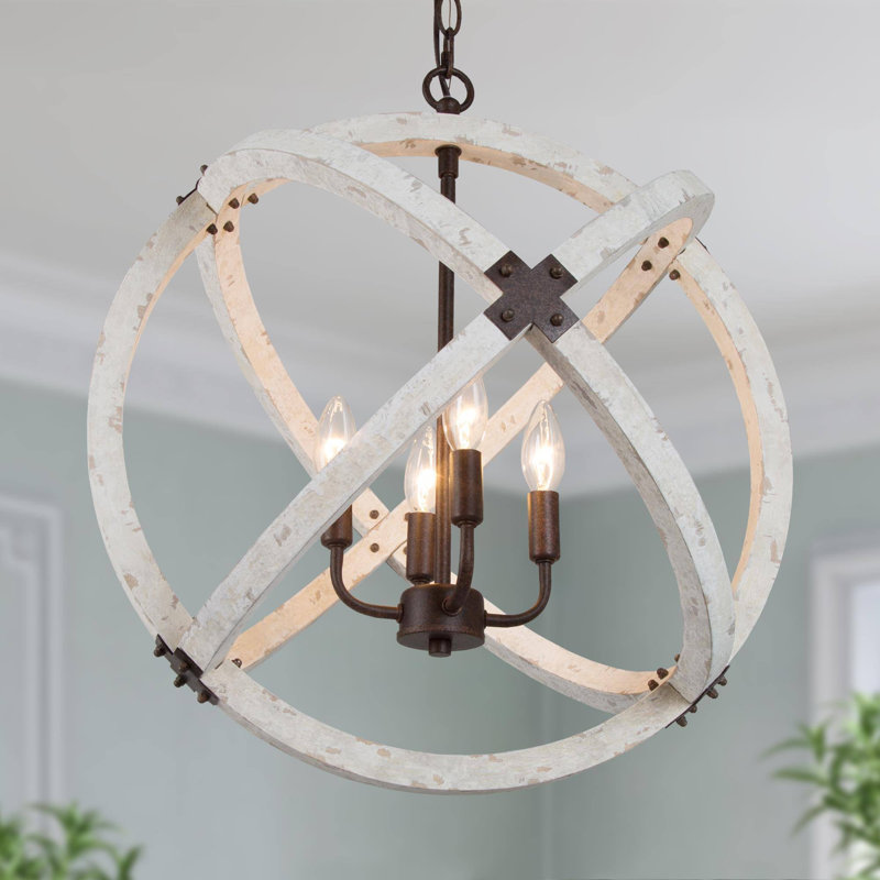 Turman 4-Light White Rustic Wood Globe Chandelier with Adjustable Chain, Rustic White