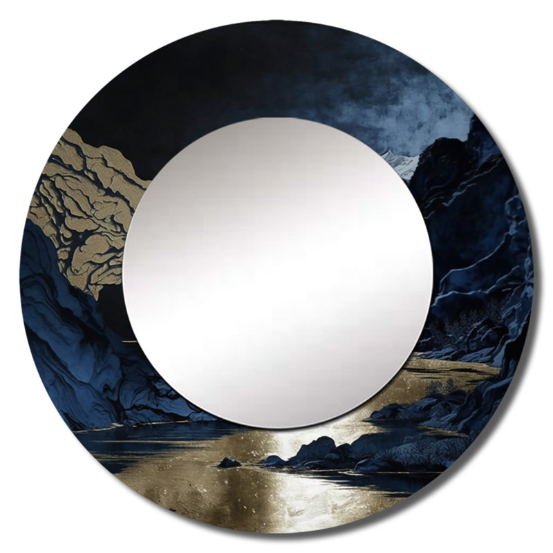 Somia doré givré rivière et montagne III - décor de miroir mural forêt unique montagnes, grand miroir rond bleu, art imprimé en métal