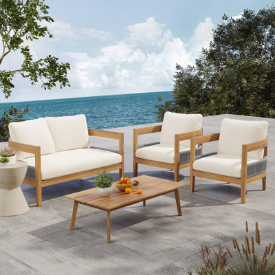 Porto Outdoor 4-Piece Chat Set, Weather-Resistant Acacia Wood and Comfortable Cushions for Patio Relaxation