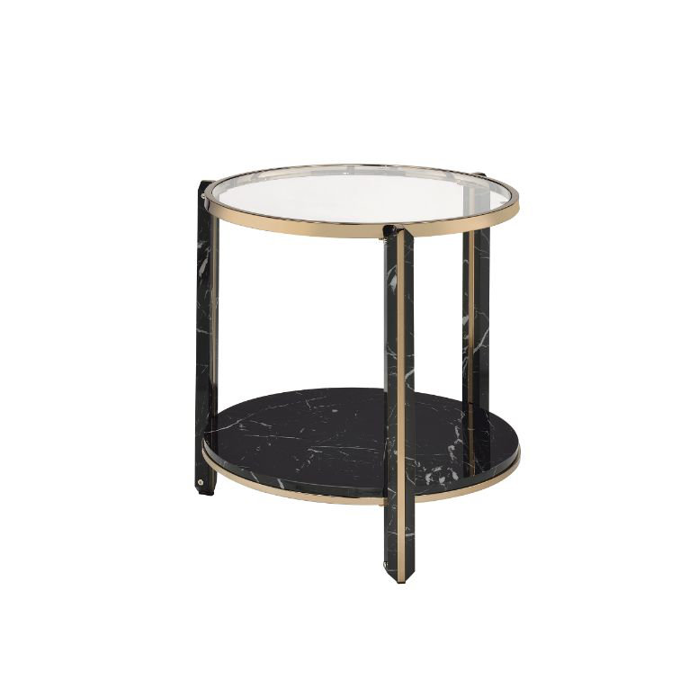 Round Glass and Faux Black Marble End Table with Champagne Trim