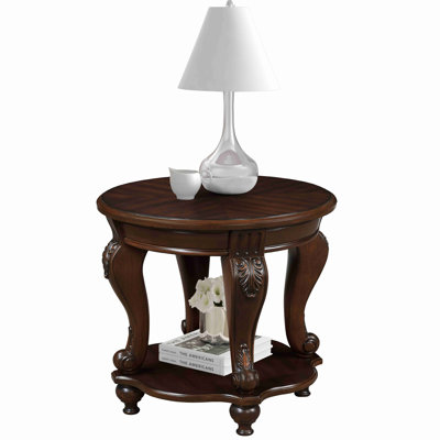 Retro Round End Table,Solid Wood Sofa Side Table with Shelf,Living Room Corner Table Easy Assemble