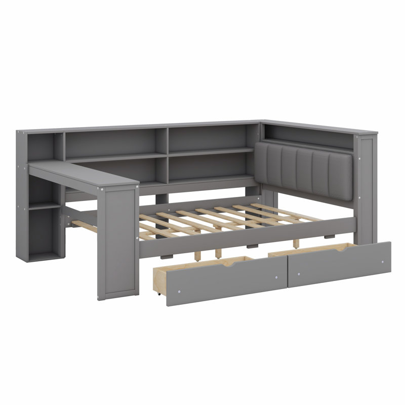 Lit plateforme en bois avec tablettes de rangement, tiroirs, station de charge, DEL, bureau et tête de lit tapissier, Double