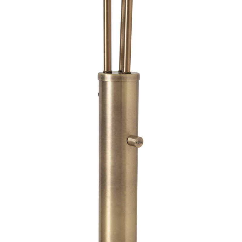 Lampe sur pied à arc 3 lumières Bloom - laiton patiné, base en marbre blanc, abat-jour en satin blanc, gradateur