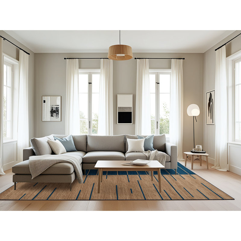 Machine Washable Horizontal Stripes Blue Area Rug, Rectangle 6' x 9'