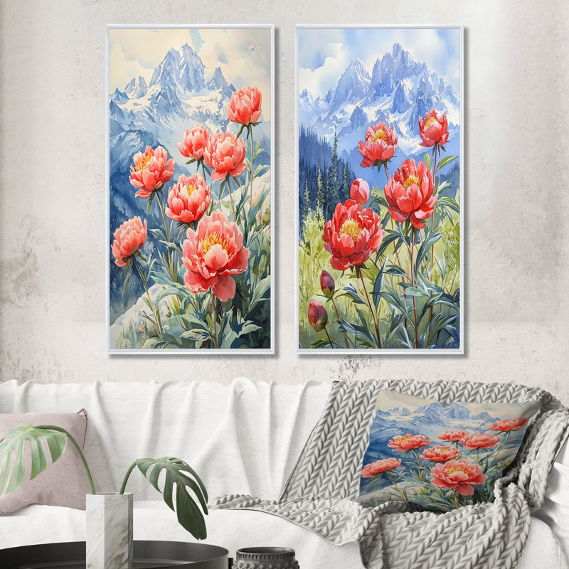Pivoines et sommets estivaux I - Collection de 2 panneaux muraux floraux, H 40 po x l 41 po, Cadre flottant blanc