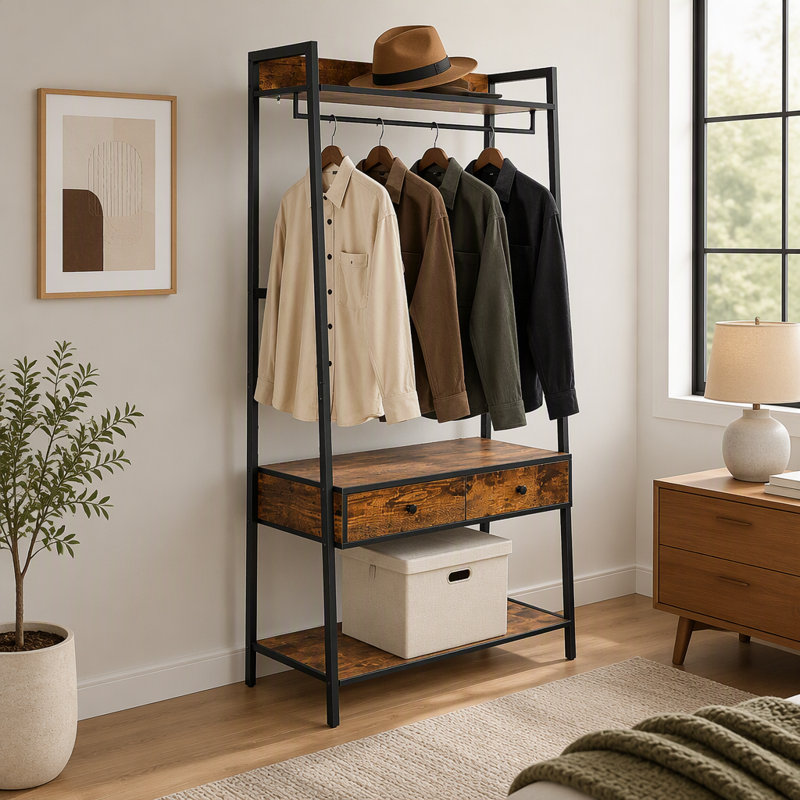 Arbre d'entrée 5-en-1 avec portemanteau, banc à chaussures et rangement, aspect bois, brun rustique
