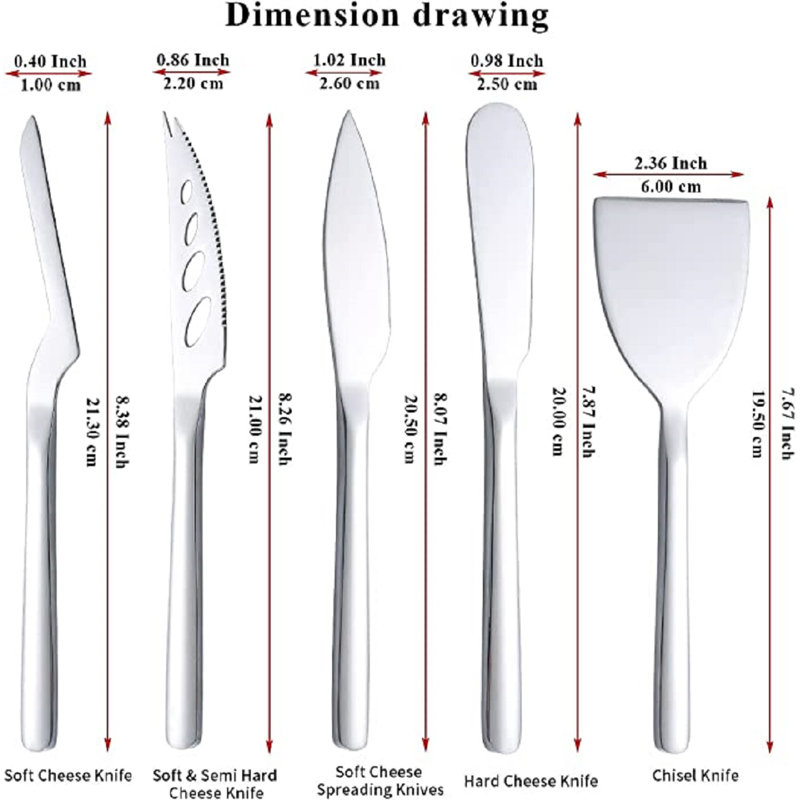 Ensemble de 5 couteaux à fromage pour tous les types de fromage, coupe-fromage en acier inoxydable, conception ergonomique pour une prise et une coupe confortables, couteau à tartiner au beurre